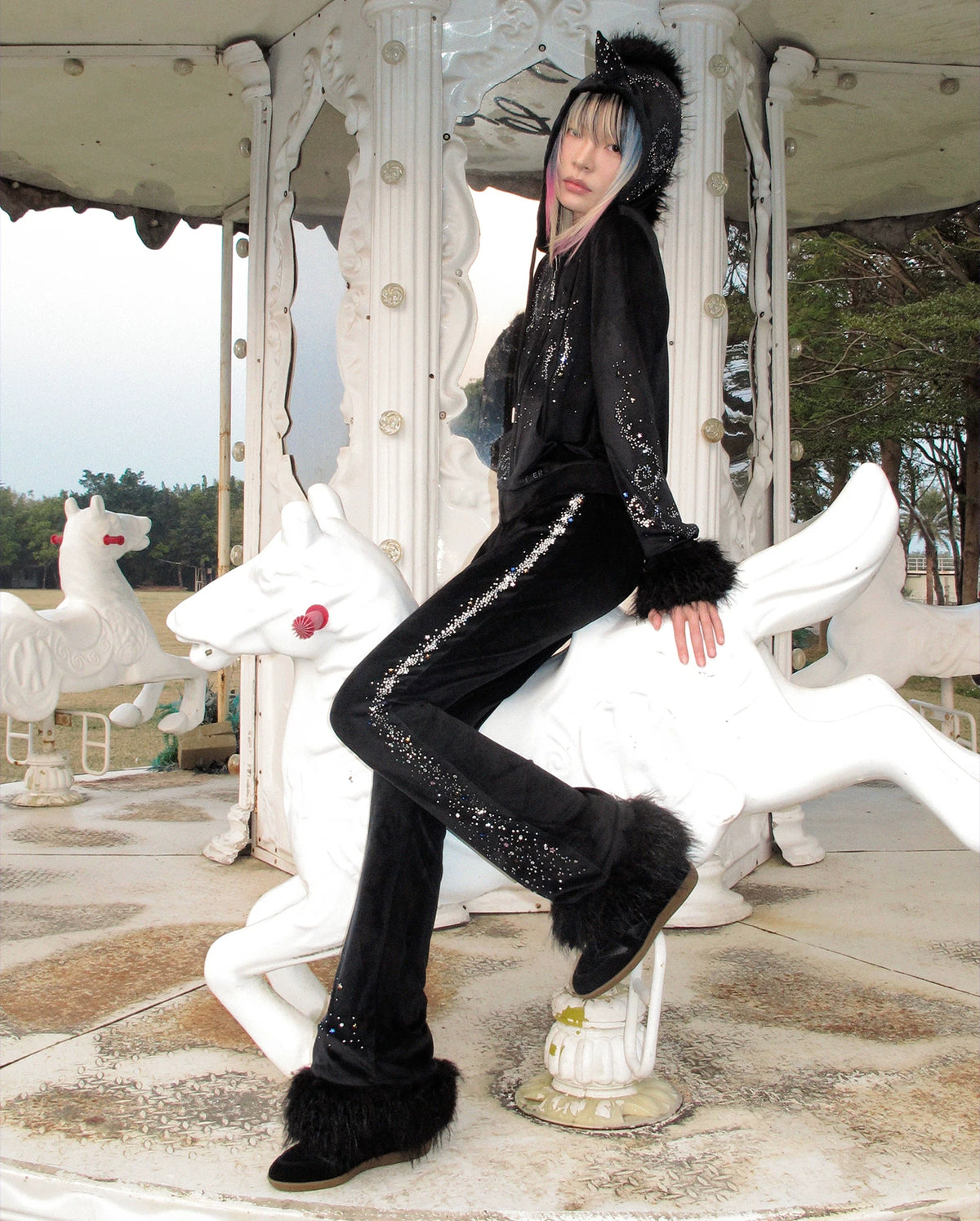 CFIERCE Unicorn Velvet Rhinestone Flare Pants - view 13