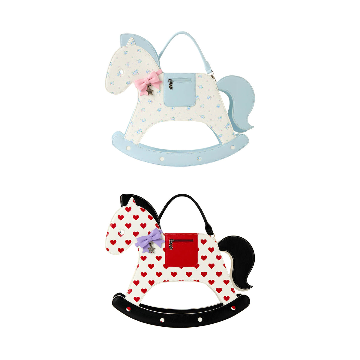 CFIERCE Rocking Horse Crossbody Handbag - blue floral and red heart rocking-horse handbags stacked on white