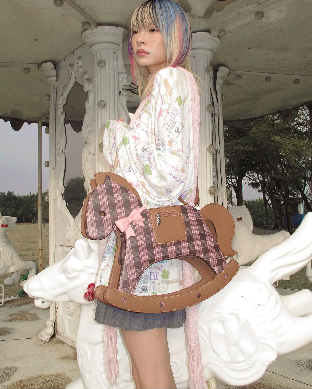 CFIERCE Rocking Horse Crossbody Handbag - brown plaid rocking-horse handbag carried by model