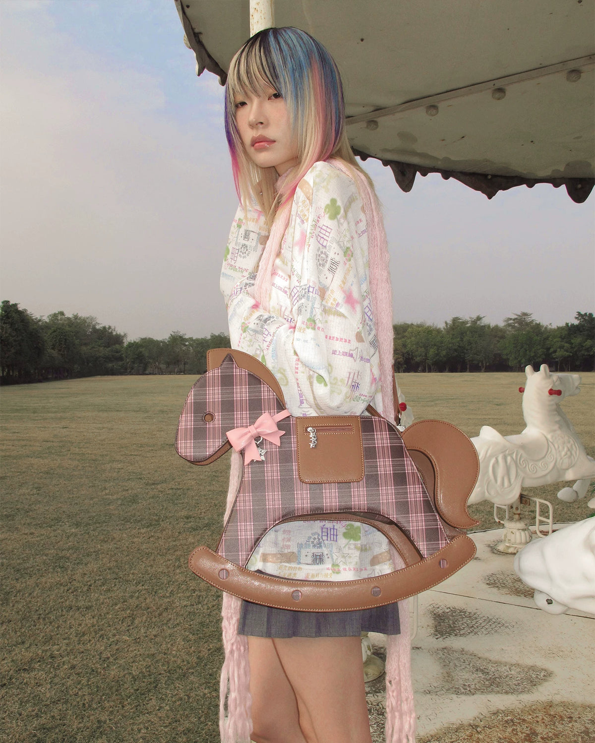 CFIERCE Rocking Horse Crossbody Handbag - brown plaid rocking-horse handbag close view on model