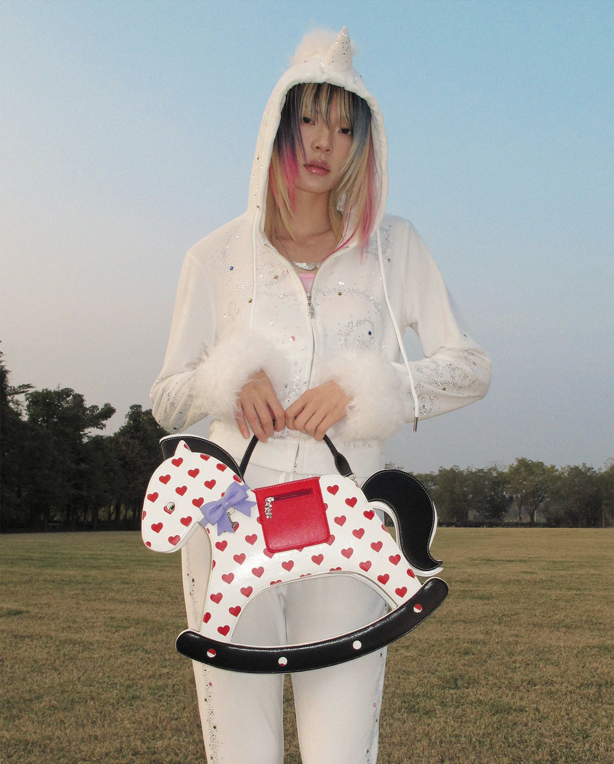 CFIERCE Rocking Horse Crossbody Handbag - red heart rocking-horse handbag carried from the front