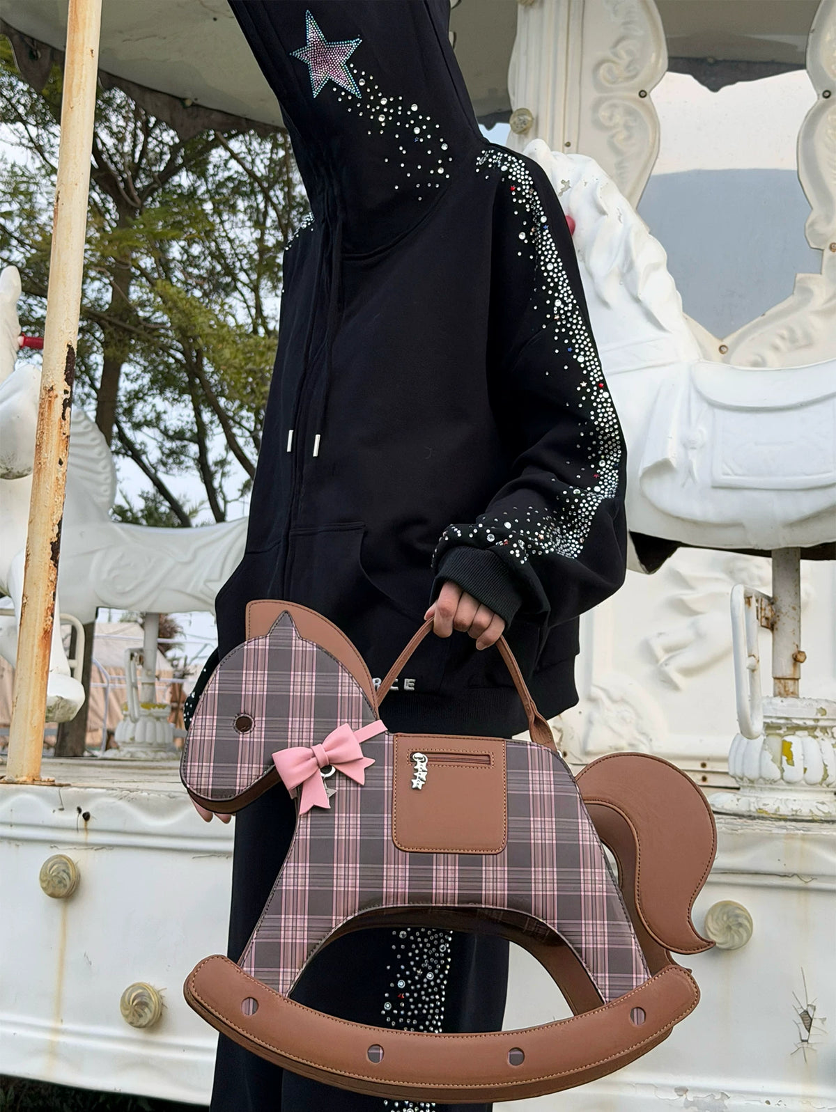 CFIERCE Rocking Horse Crossbody Handbag - brown plaid rocking-horse handbag worn with black outfit