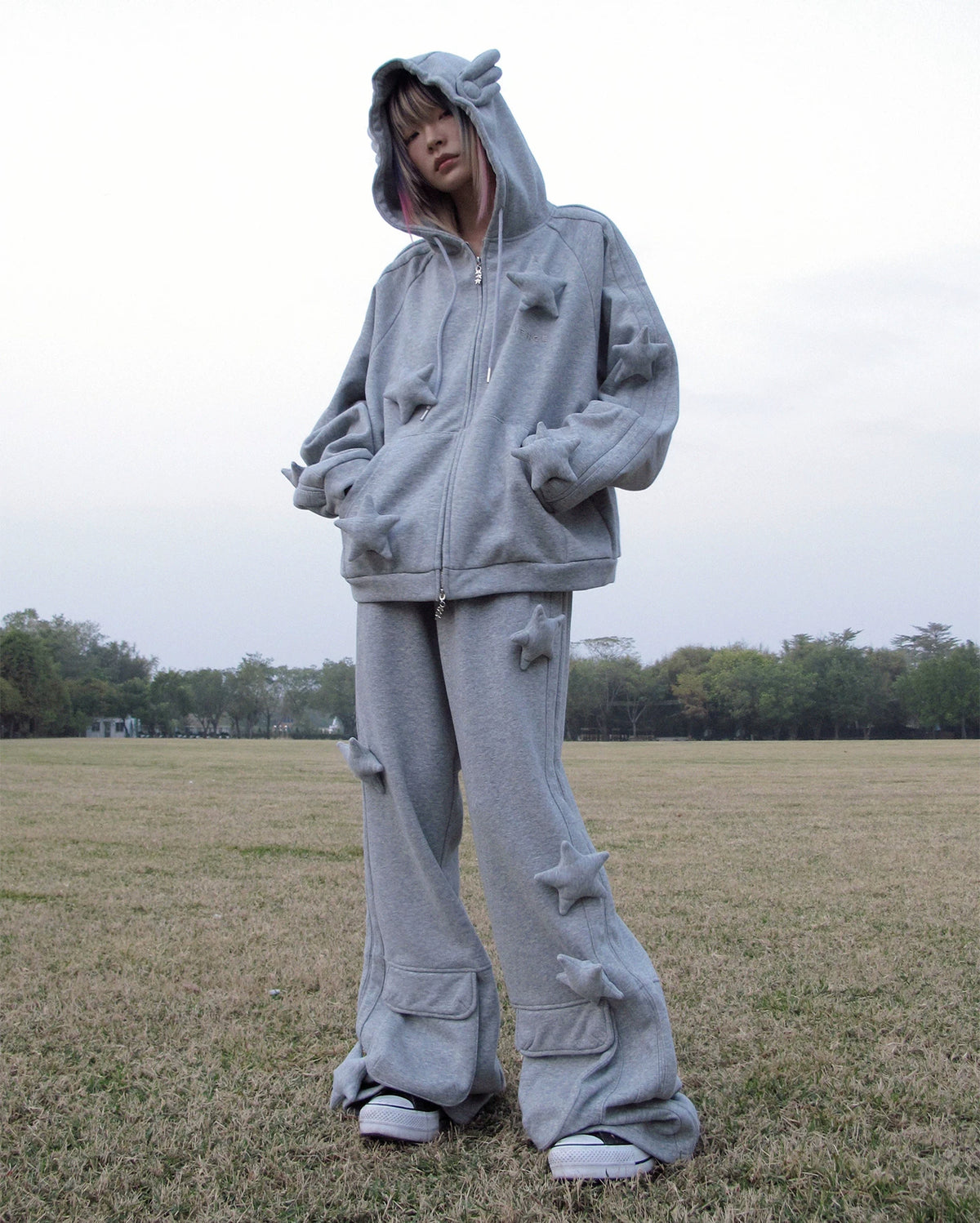 CFIERCE Raised Star Flared Sweatpants - gray raised-star flared sweatpants styled with matching hoodie