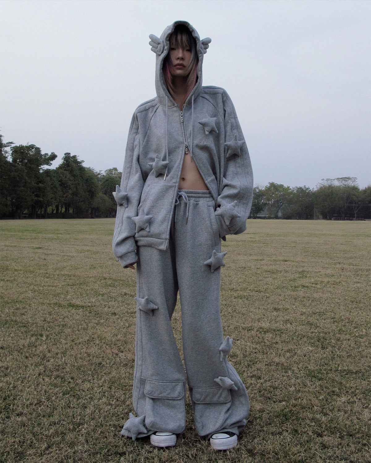 CFIERCE Raised Star Flared Sweatpants - gray raised-star flared sweatpants worn full front