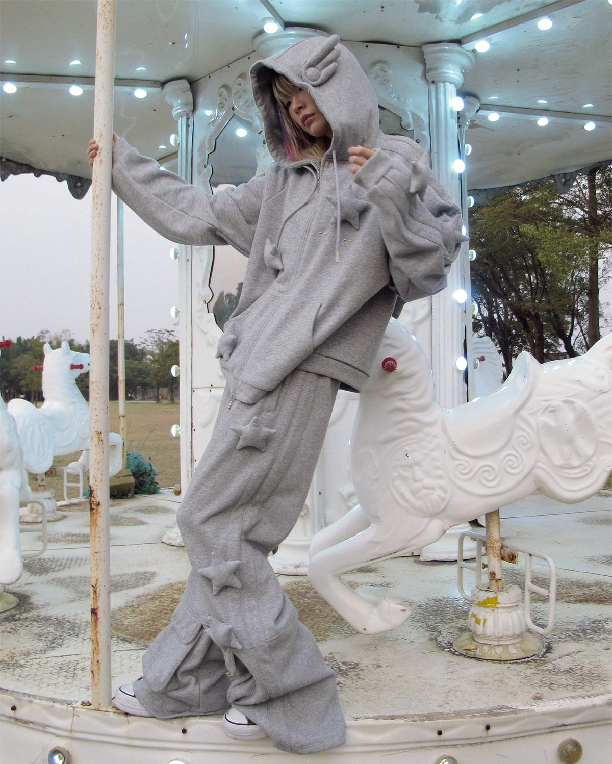 CFIERCE Raised Star Flared Sweatpants - gray raised-star flared sweatpants styled at carousel