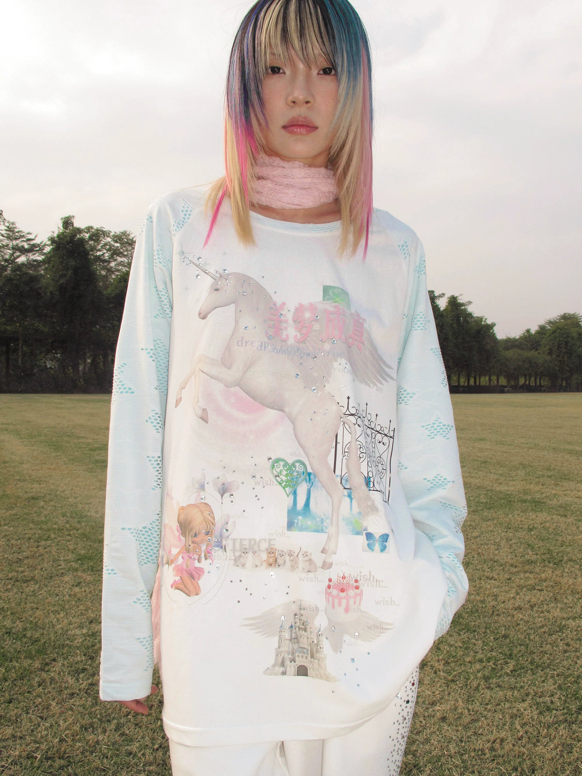 CFIERCE Dream Come True Unicorn Raglan Top - white unicorn-print raglan top worn close front