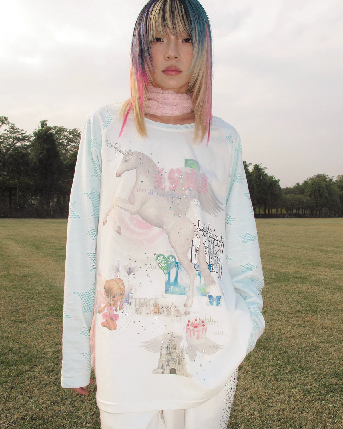 CFIERCE Dream Come True Unicorn Raglan Top - white unicorn raglan top worn front on model