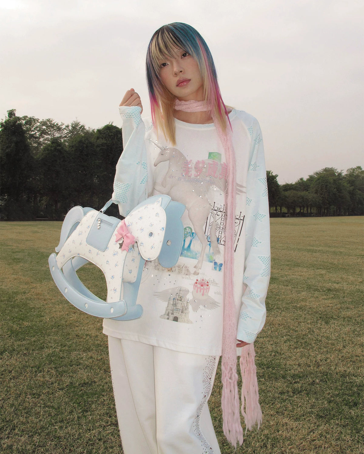 CFIERCE Dream Come True Unicorn Raglan Top - white unicorn raglan top worn with rocking-horse bag