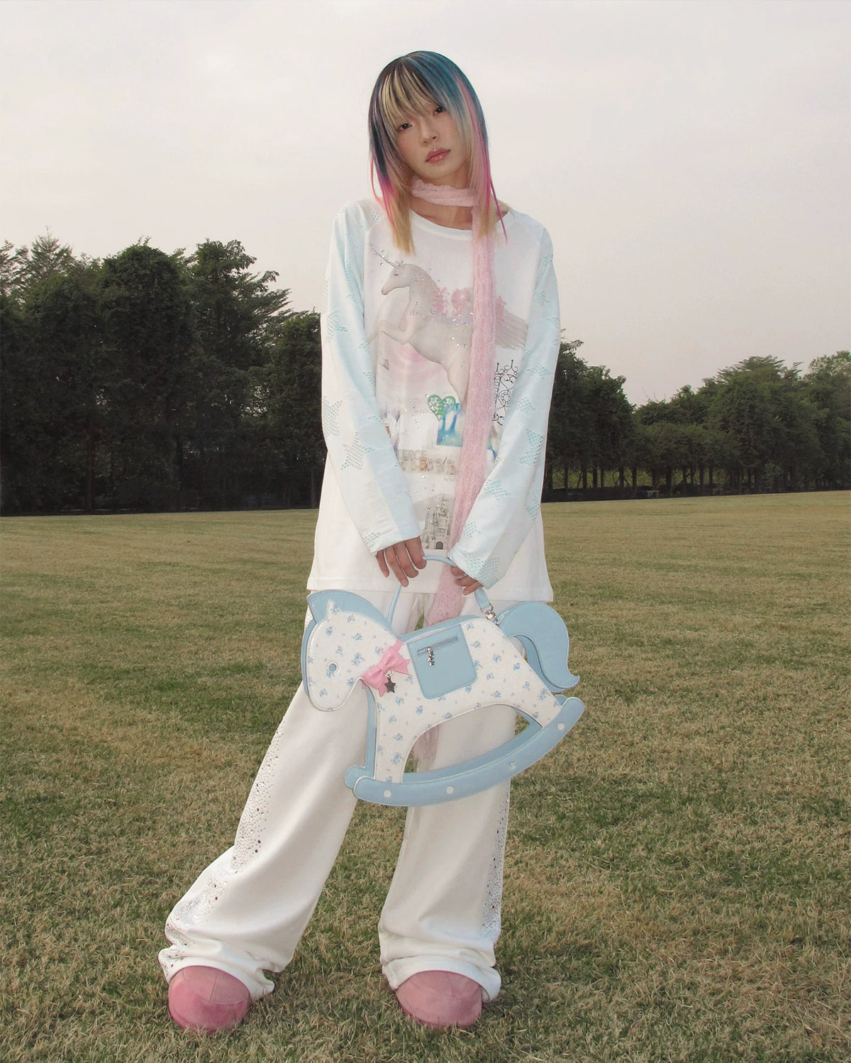 CFIERCE Dream Come True Unicorn Raglan Top - white unicorn raglan top worn full-length with white pants