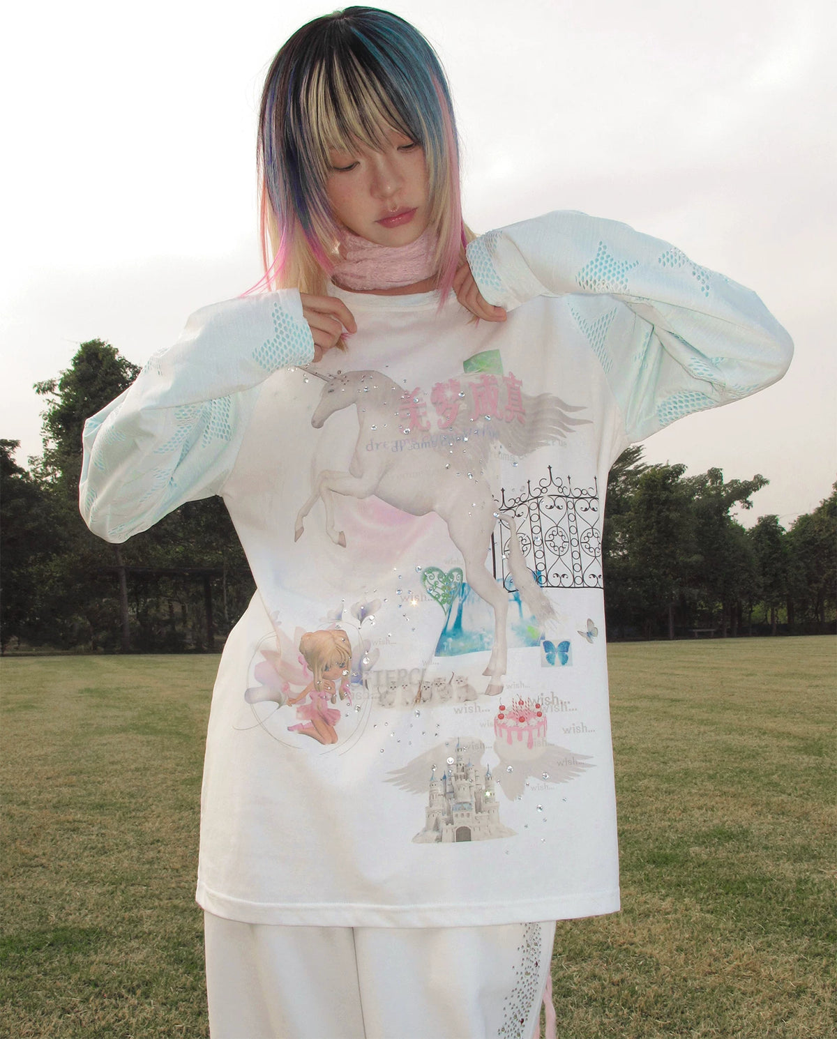 CFIERCE Dream Come True Unicorn Raglan Top - white unicorn raglan top worn with arm lifted