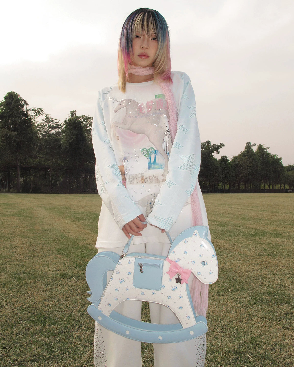 CFIERCE Dream Come True Unicorn Raglan Top - white unicorn raglan top worn front with bag