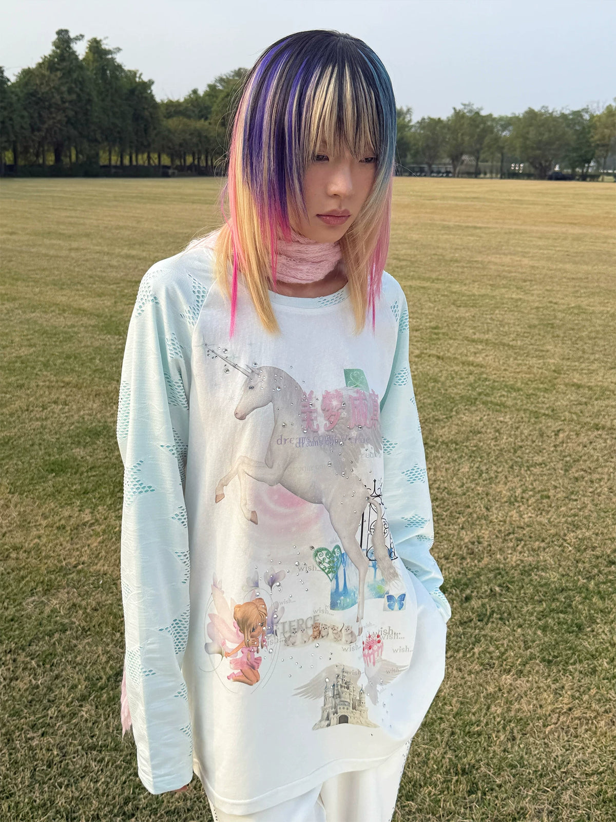 CFIERCE Dream Come True Unicorn Raglan Top - white unicorn raglan top styled on grass