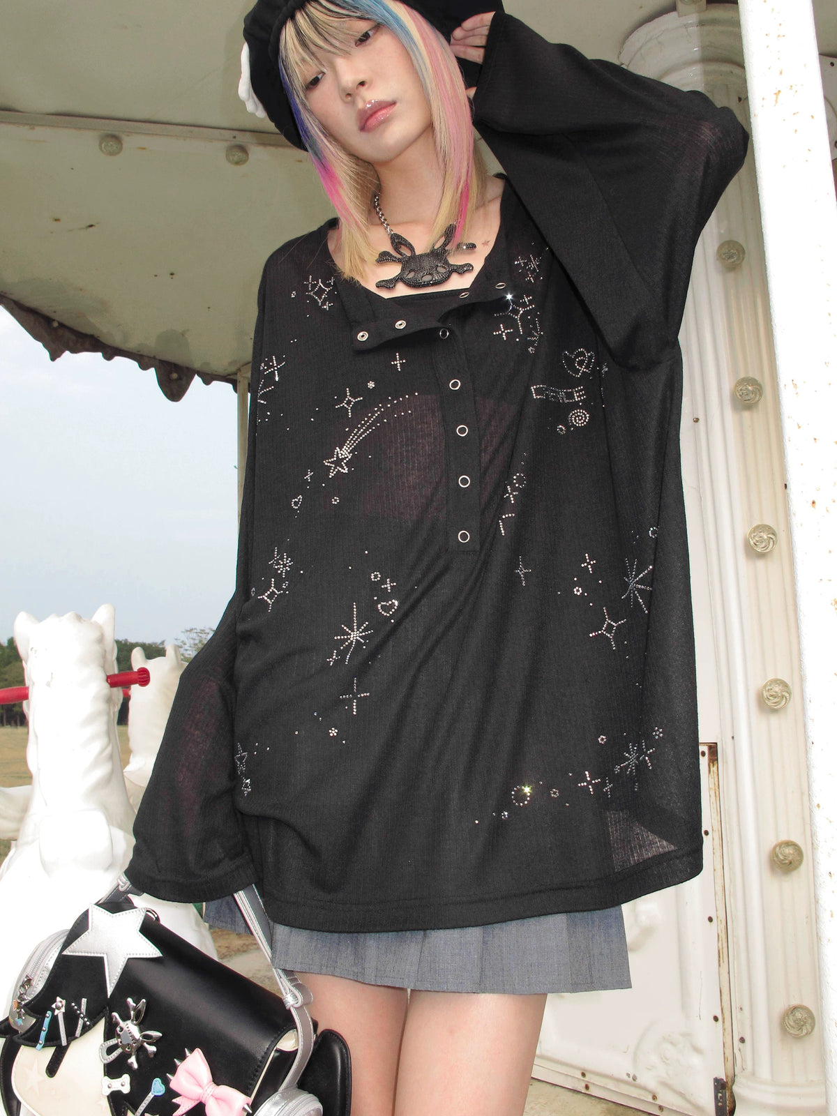 CFIERCE Starlight Rhinestone Henley Top - model view 1