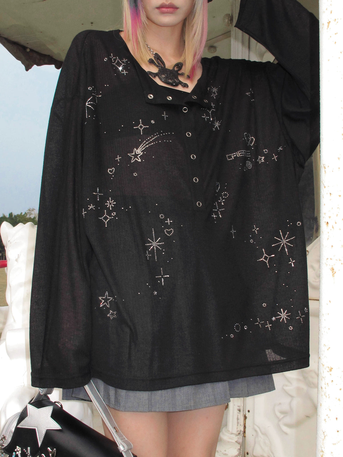 CFIERCE Starlight Rhinestone Henley Top - model view 2