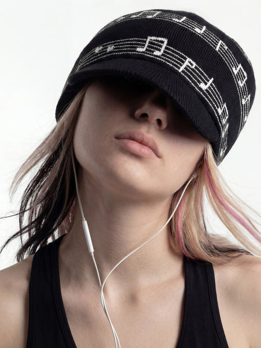 SAUCE x MOIRE Music Note Knit Visor Cap - on model view 2