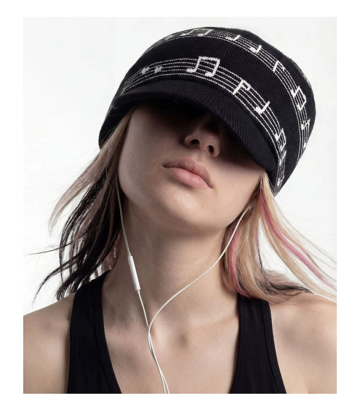SAUCE x MOIRE Music Note Knit Visor Cap - on model view 8