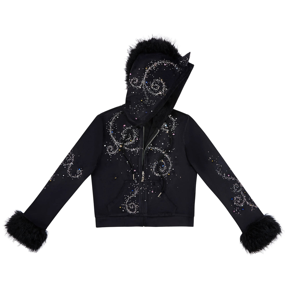 CFIERCE Unicorn Rhinestone Velour Zip Hoodie - black hoodie front on white