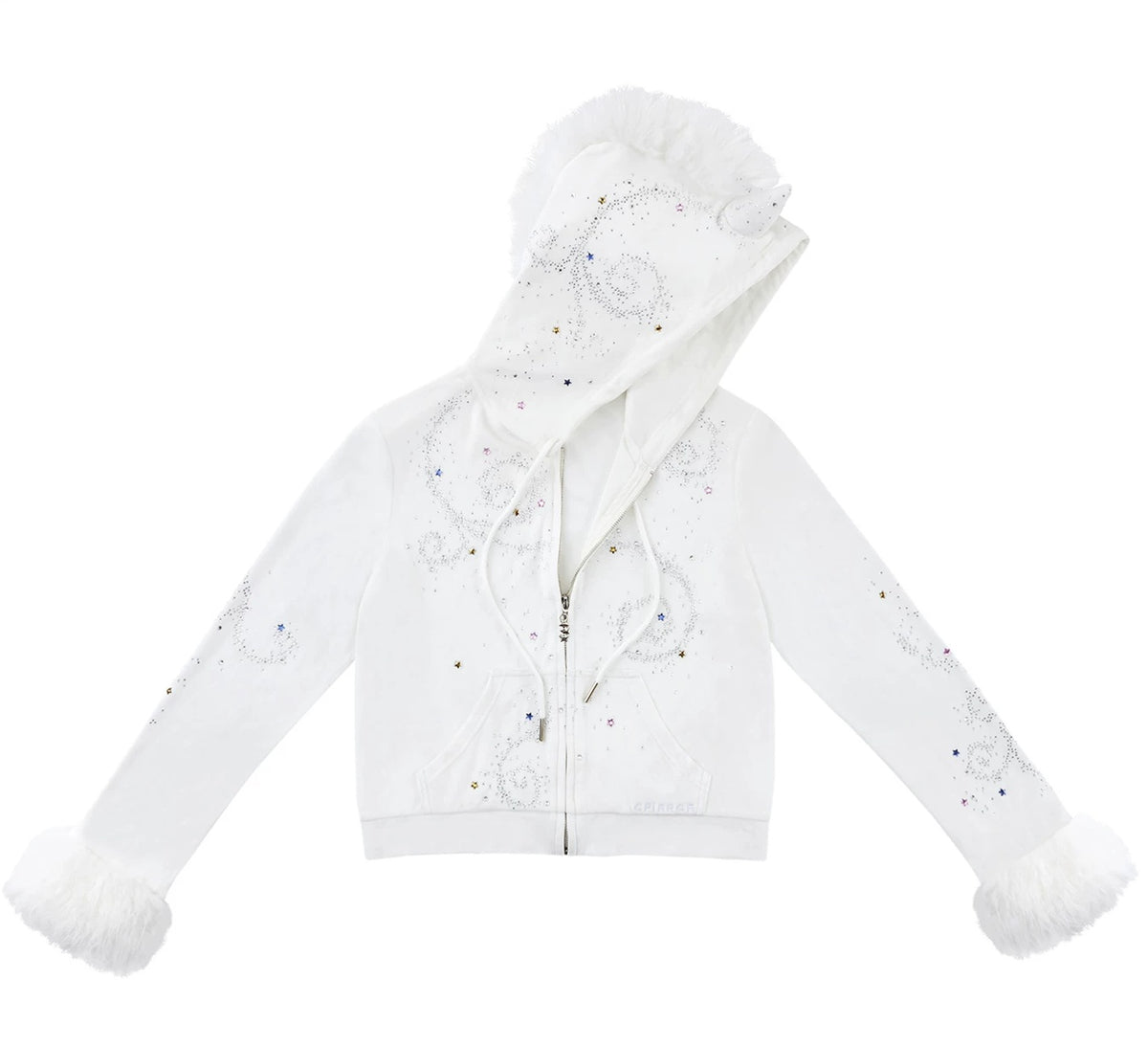 CFIERCE Unicorn Rhinestone Velour Zip Hoodie - white hoodie front on white