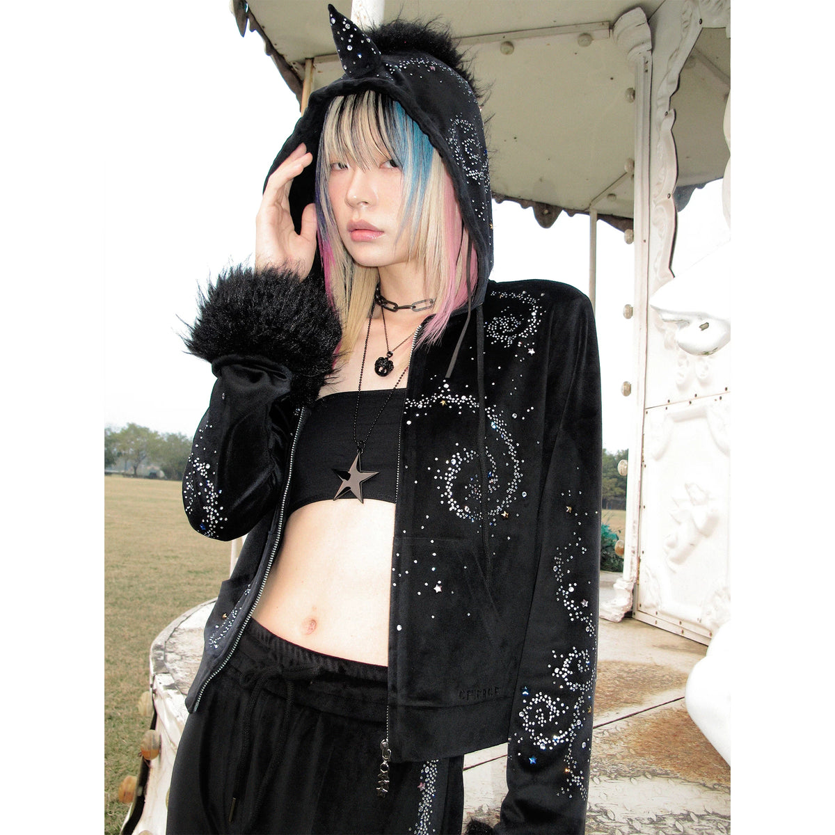 CFIERCE Unicorn Rhinestone Velour Zip Hoodie - black hoodie worn front view
