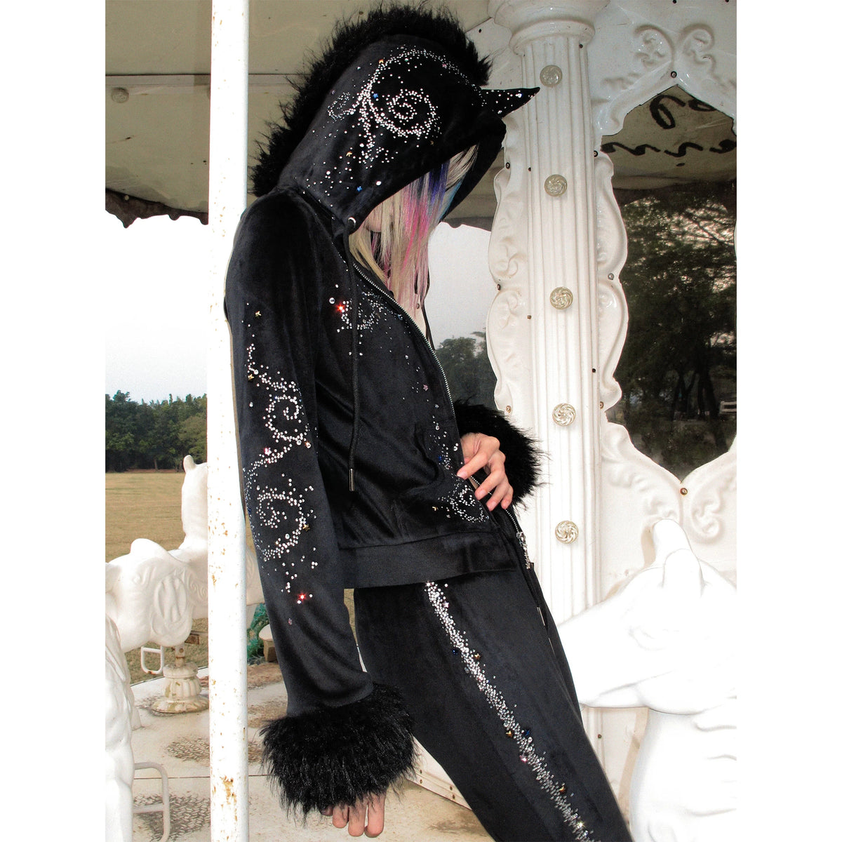 CFIERCE Unicorn Rhinestone Velour Zip Hoodie - black hoodie side view