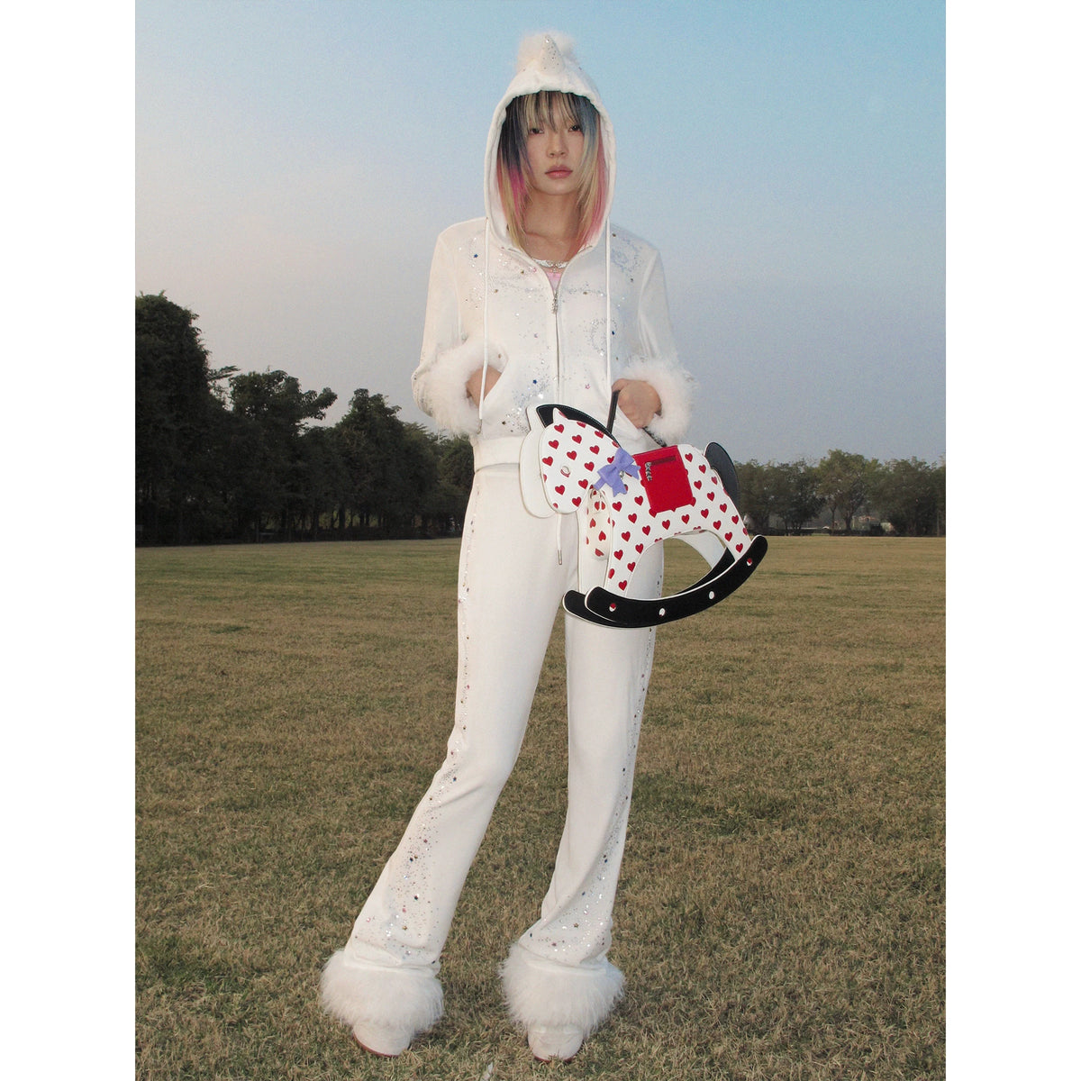 CFIERCE Unicorn Rhinestone Velour Zip Hoodie - white hoodie worn front view
