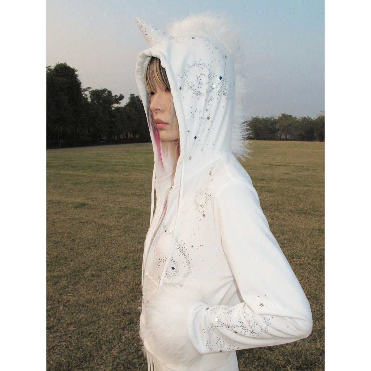 CFIERCE Unicorn Rhinestone Velour Zip Hoodie - white hoodie side hood detail