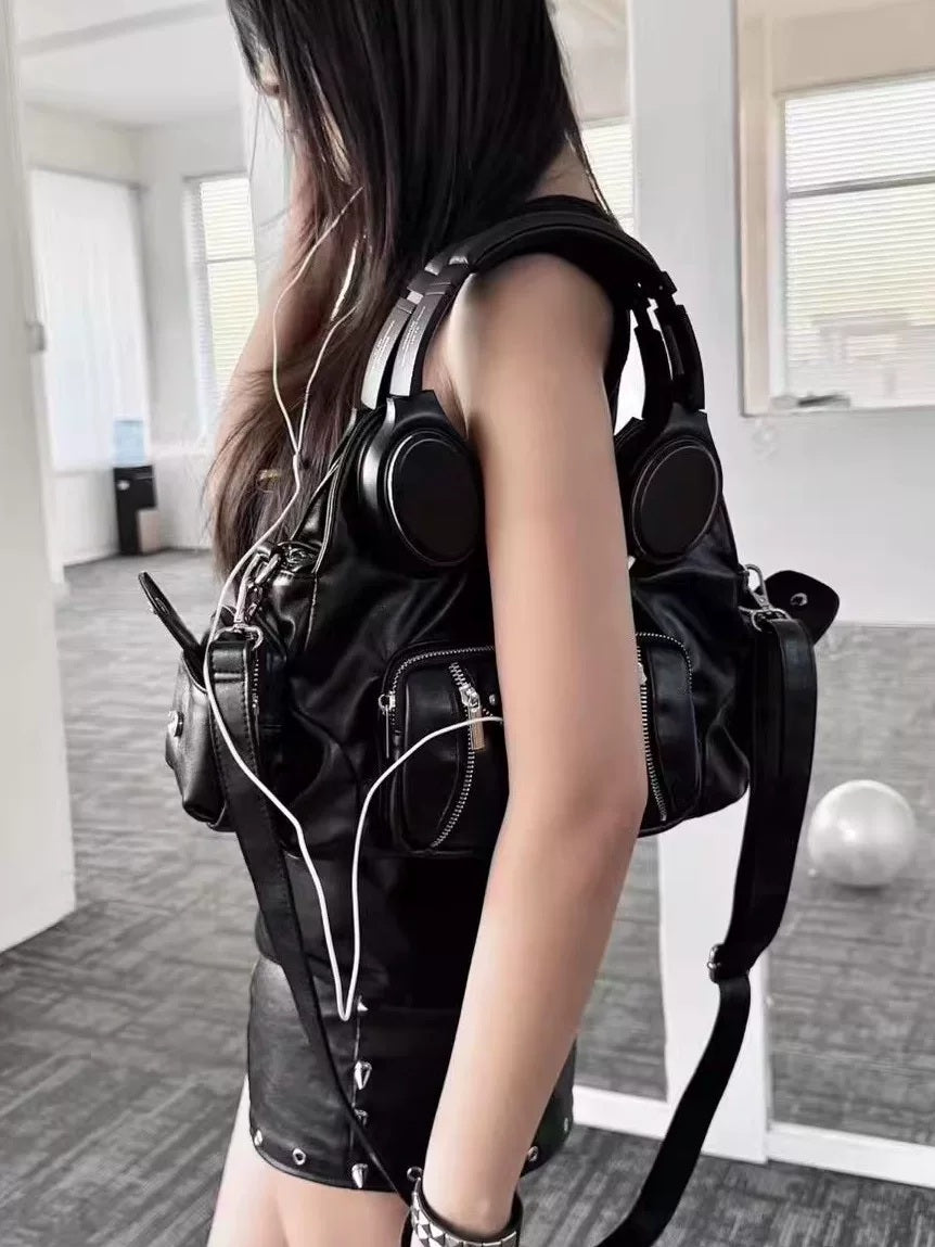 Moire Rave Headphone-Handle Moto Handbag - worn view 2