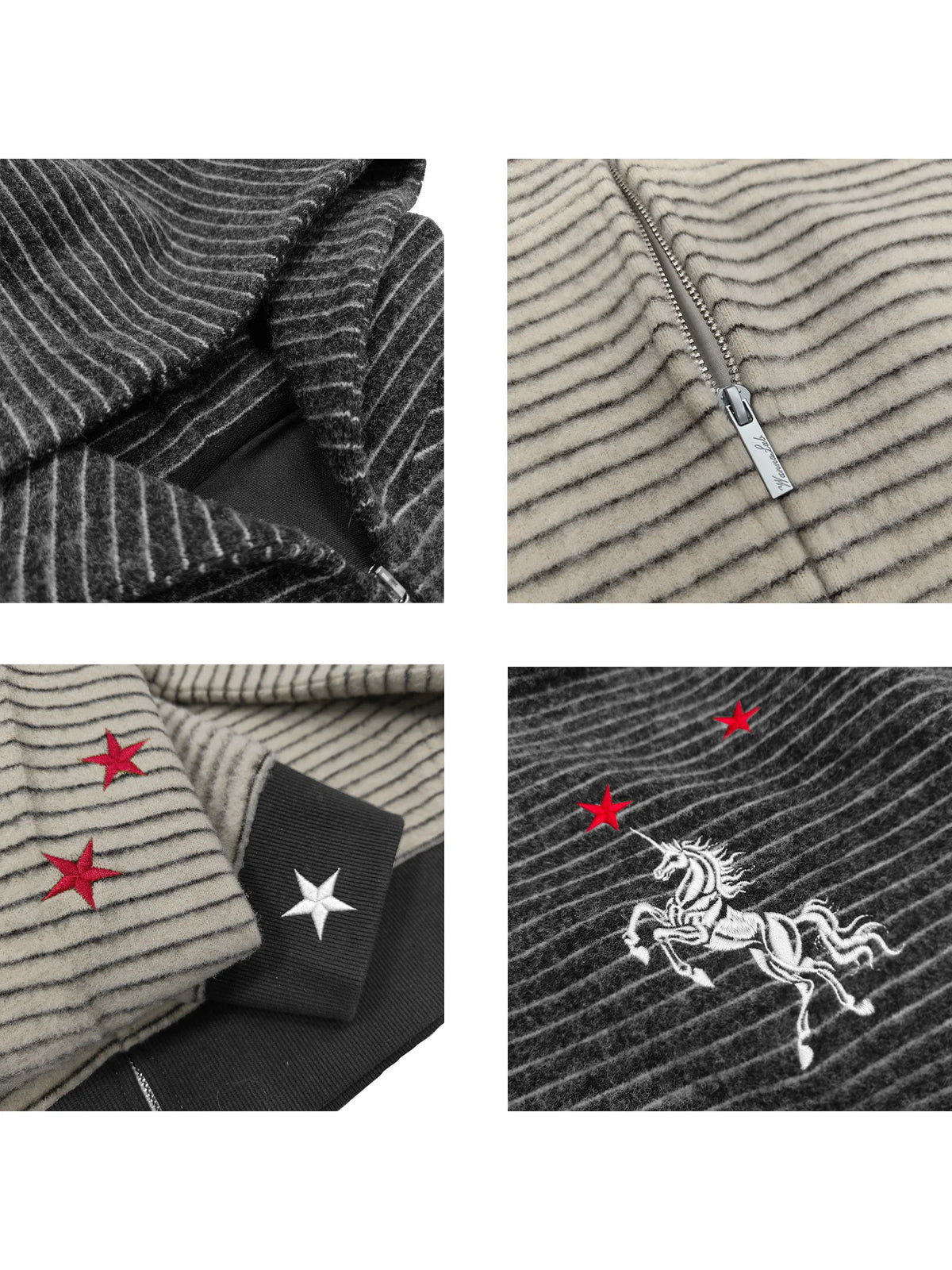 WANNA LAB Star Unicorn Embroidered Fuzzy Striped Cropped Zip-Up Hoodie - Black Stripe and Apricot Stripe detail close-ups: hood, zipper, star cuff, unicorn embroidery