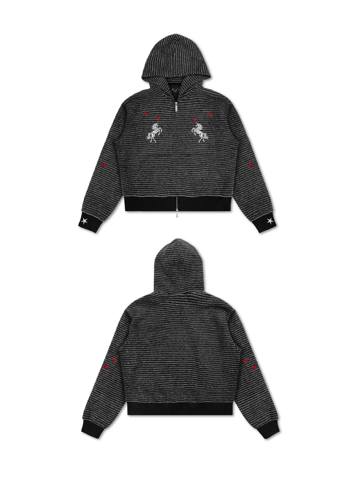 WANNA LAB Star Unicorn Embroidered Fuzzy Striped Cropped Zip-Up Hoodie - Black Stripe front and back