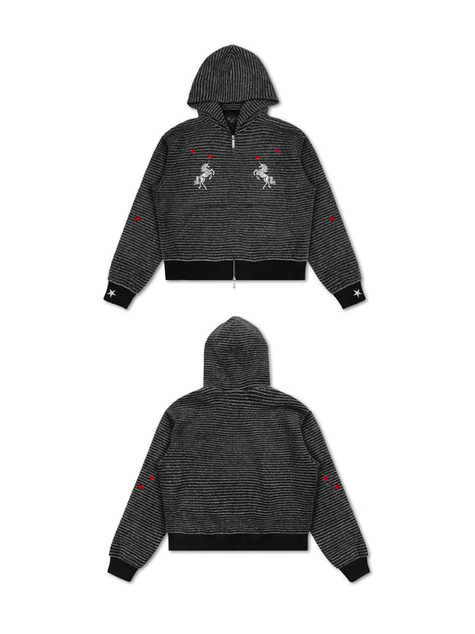 WANNA LAB Star Unicorn Embroidered Fuzzy Striped Cropped Zip-Up Hoodie - Black Stripe front and back
