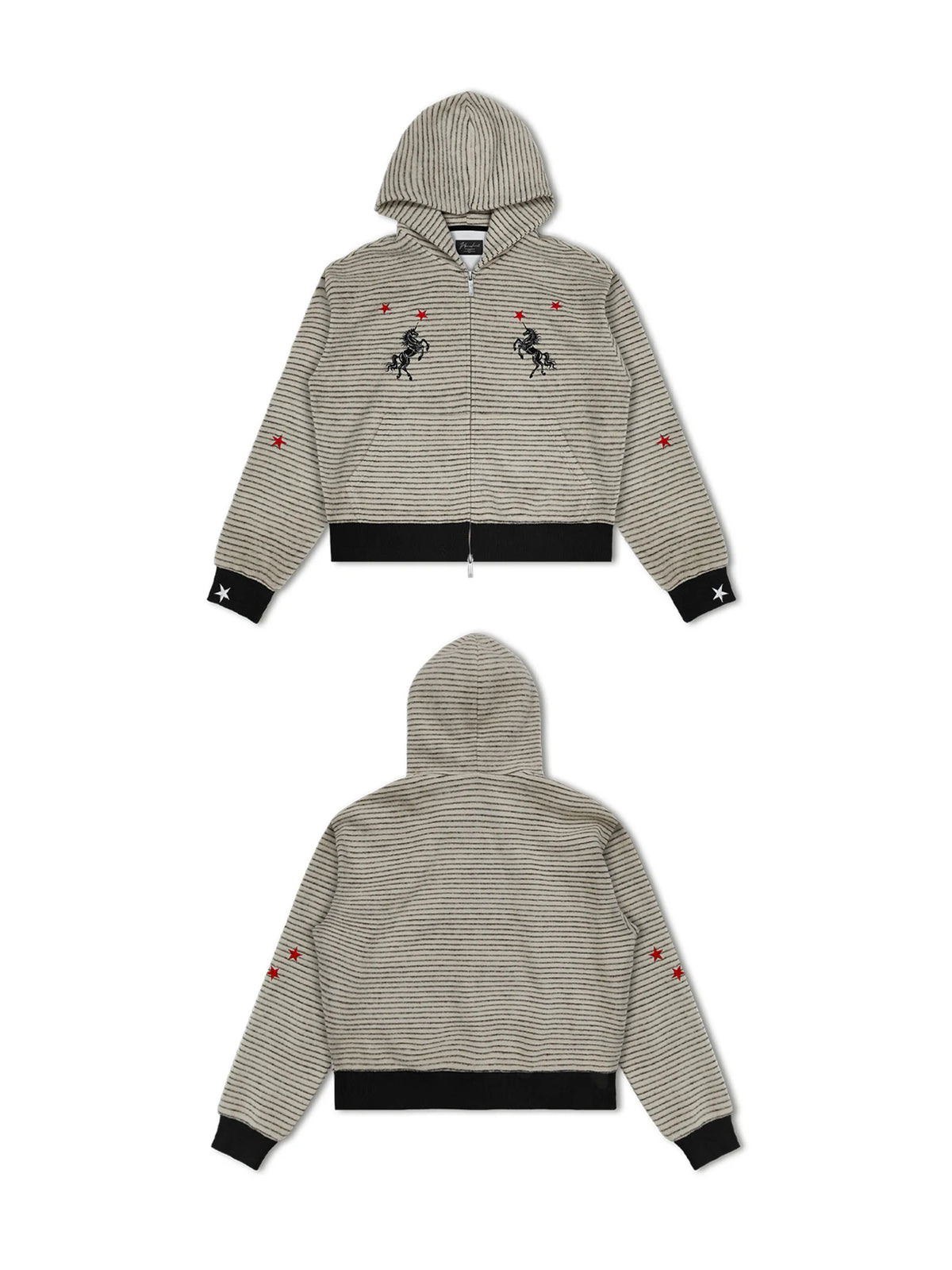 WANNA LAB Star Unicorn Embroidered Fuzzy Striped Cropped Zip-Up Hoodie - Apricot Stripe front and back
