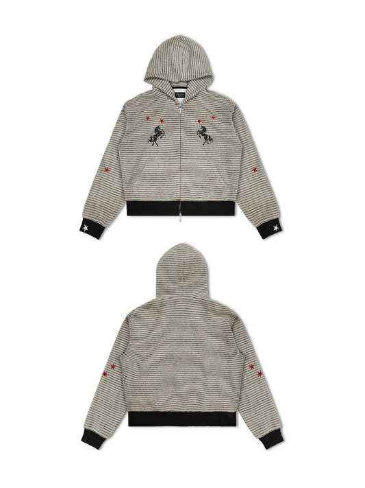 WANNA LAB Star Unicorn Embroidered Fuzzy Striped Cropped Zip-Up Hoodie - Apricot Stripe front and back