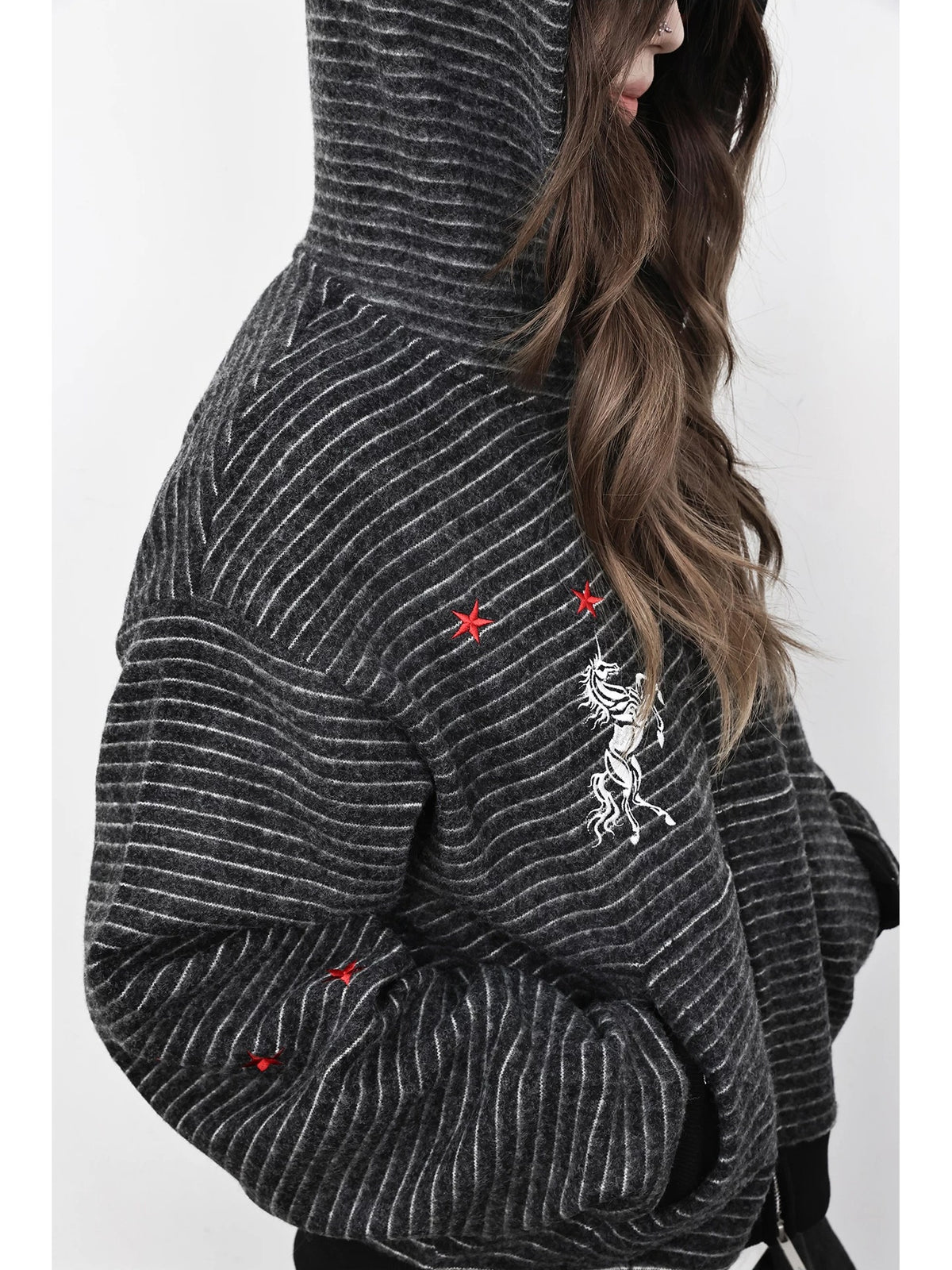 WANNA LAB Star Unicorn Embroidered Fuzzy Striped Cropped Zip-Up Hoodie - Black Stripe side view on model