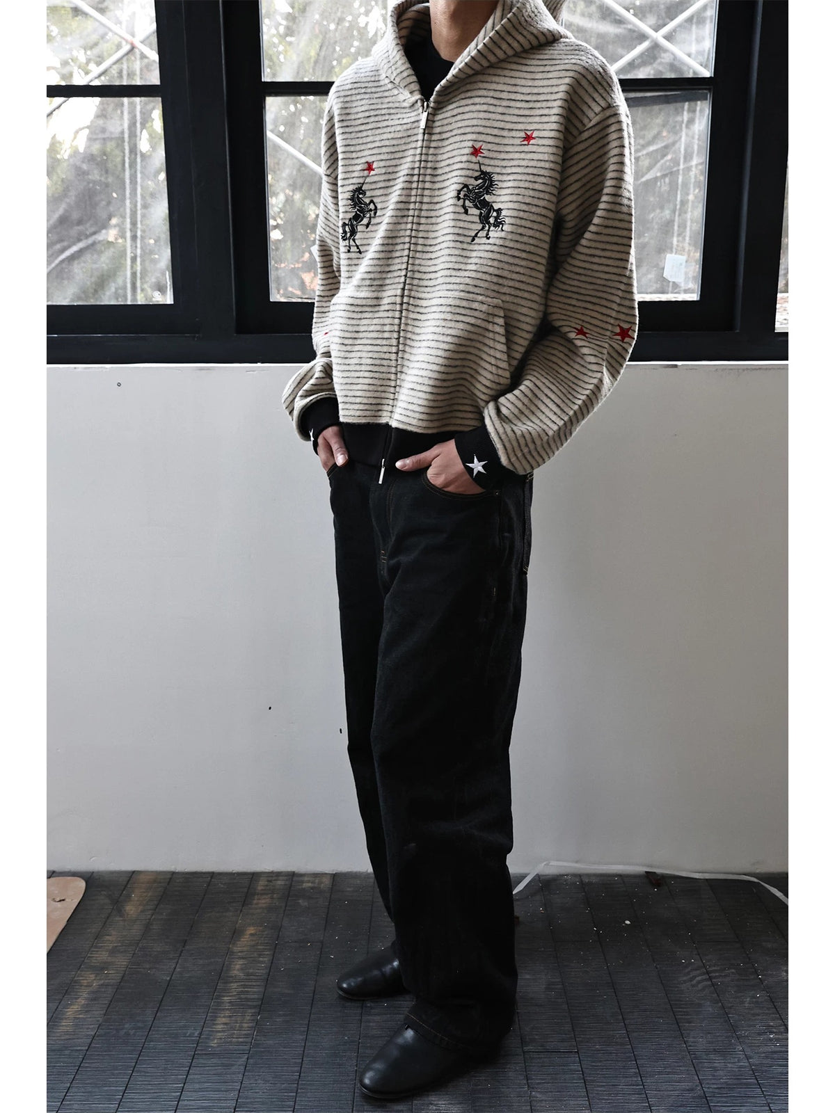 WANNA LAB Star Unicorn Embroidered Fuzzy Striped Cropped Zip-Up Hoodie - Apricot Stripe front full-body on model