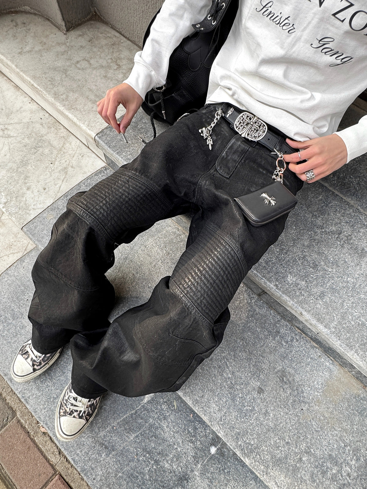 Waxed Embroidered Moto Baggy Straight Jeans - Black moto knee panel detail