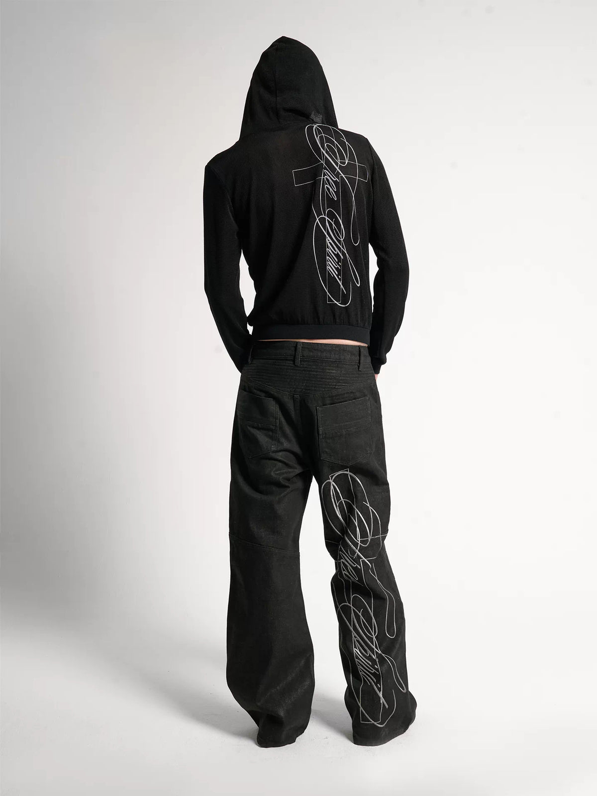 Waxed Embroidered Moto Baggy Straight Jeans - Black back view