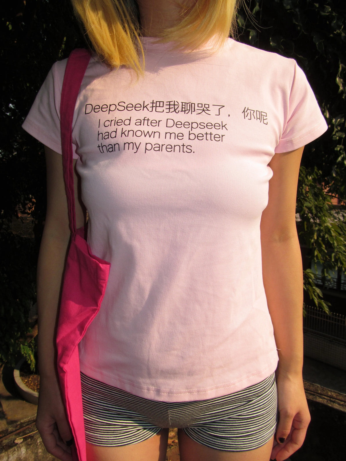 RebelAngel ChatGPT and DeepSeek Slogan T-Shirt - DeepSeek print model view outdoors