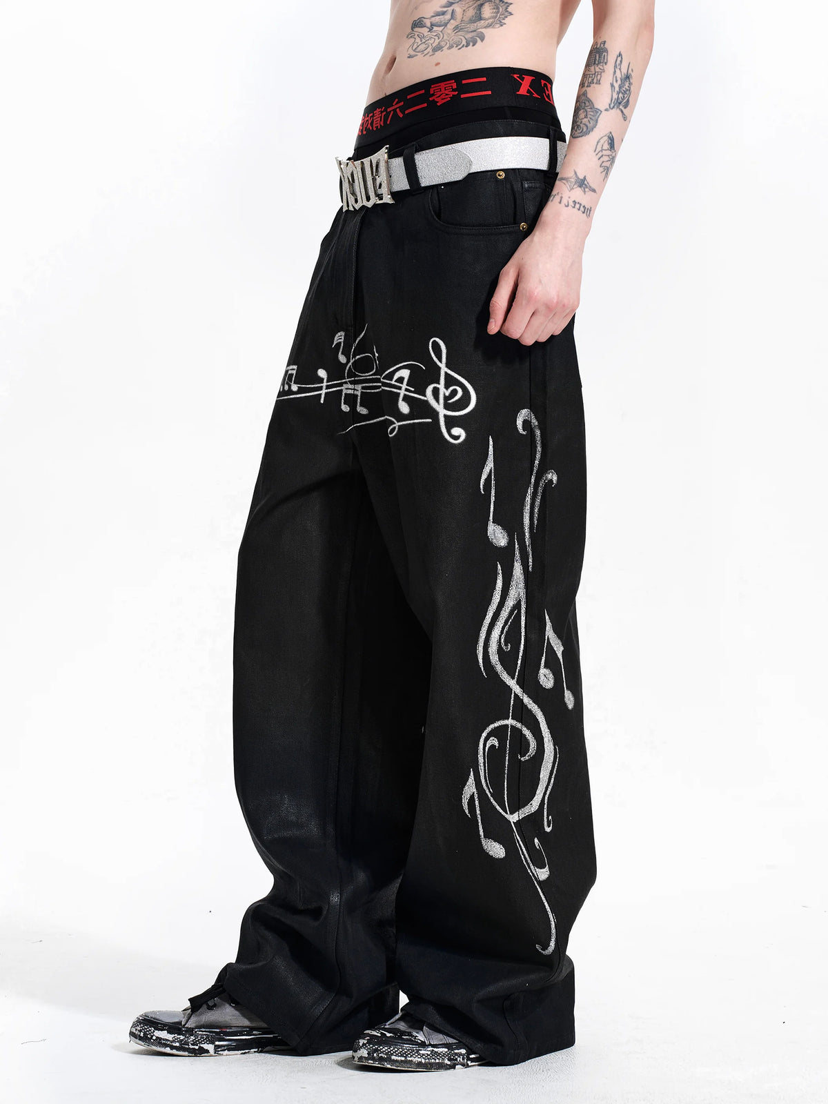 Fourth3ex Waxed Denim Music Note Print Straight Jeans - Black side