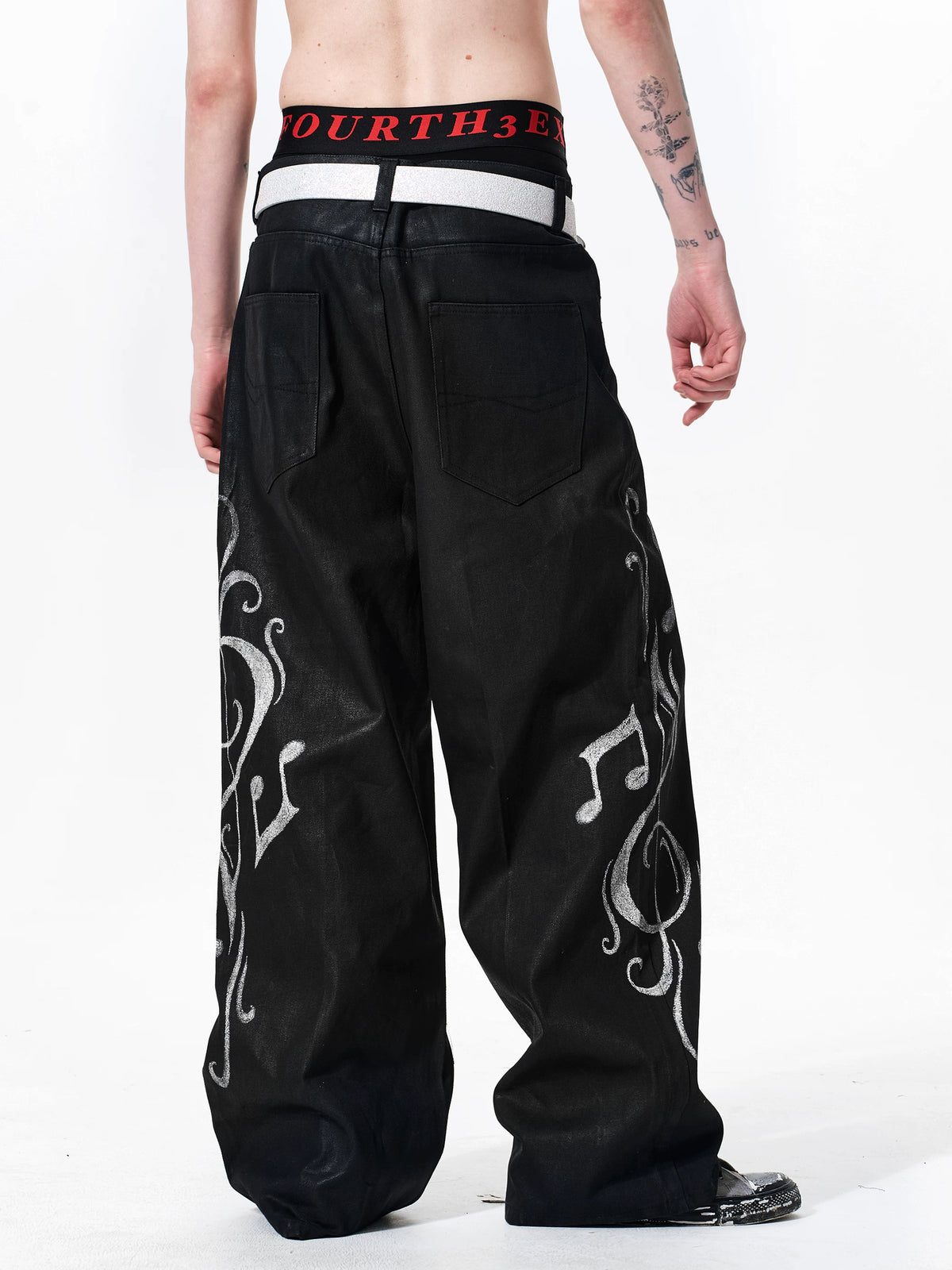 Fourth3ex Waxed Denim Music Note Print Straight Jeans - Black back
