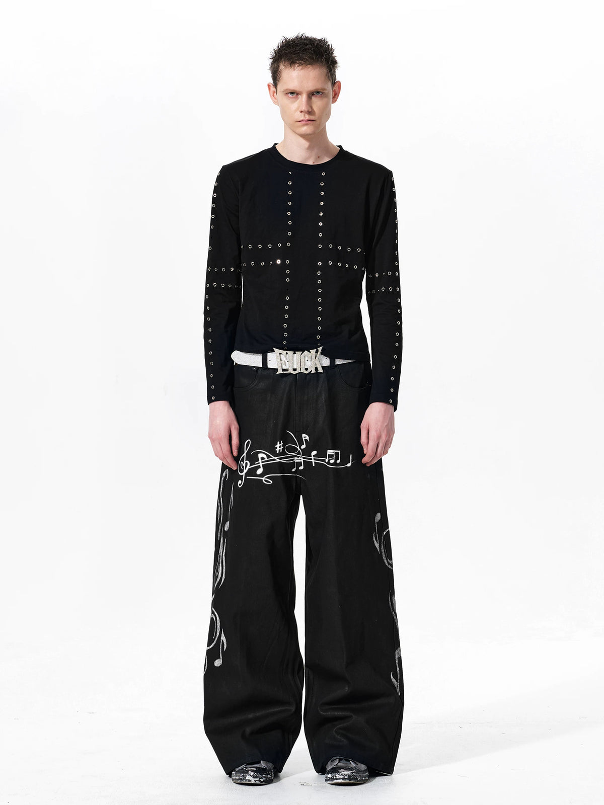 Fourth3ex Waxed Denim Music Note Print Straight Jeans - Black full outfit front