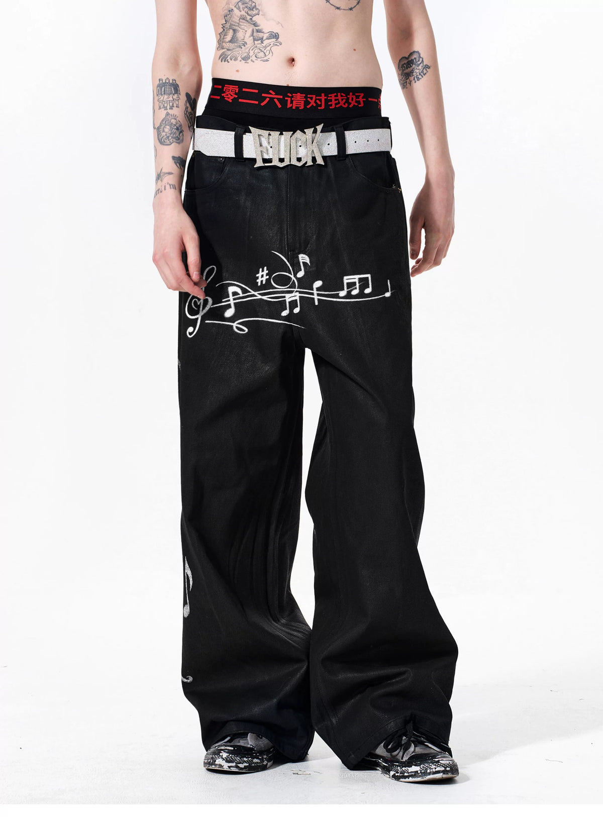 Fourth3ex Waxed Denim Music Note Print Straight Jeans - Black front on model
