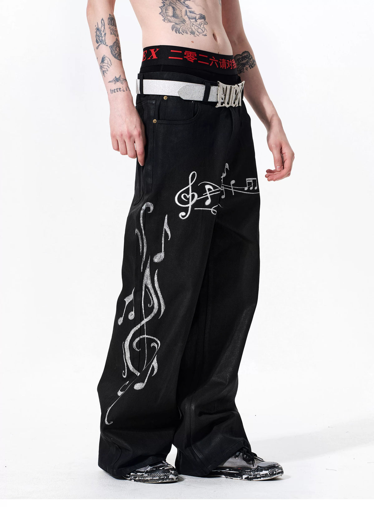 Fourth3ex Waxed Denim Music Note Print Straight Jeans - Black three-quarter view