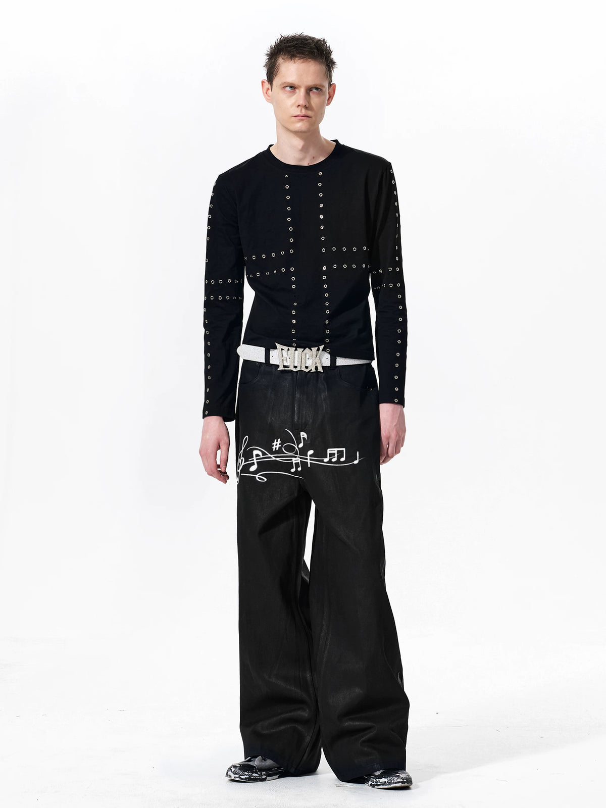 Fourth3ex Waxed Denim Music Note Print Straight Jeans - Black styled outfit