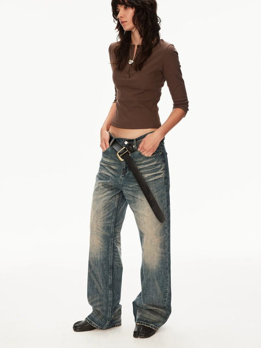 Vintage Wash Whiskered Distressed Straight Jeans - side view