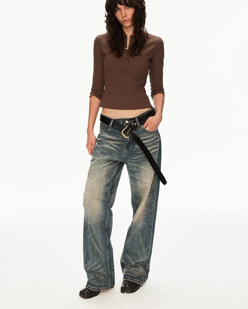 Vintage Wash Whiskered Distressed Straight Jeans - front styled