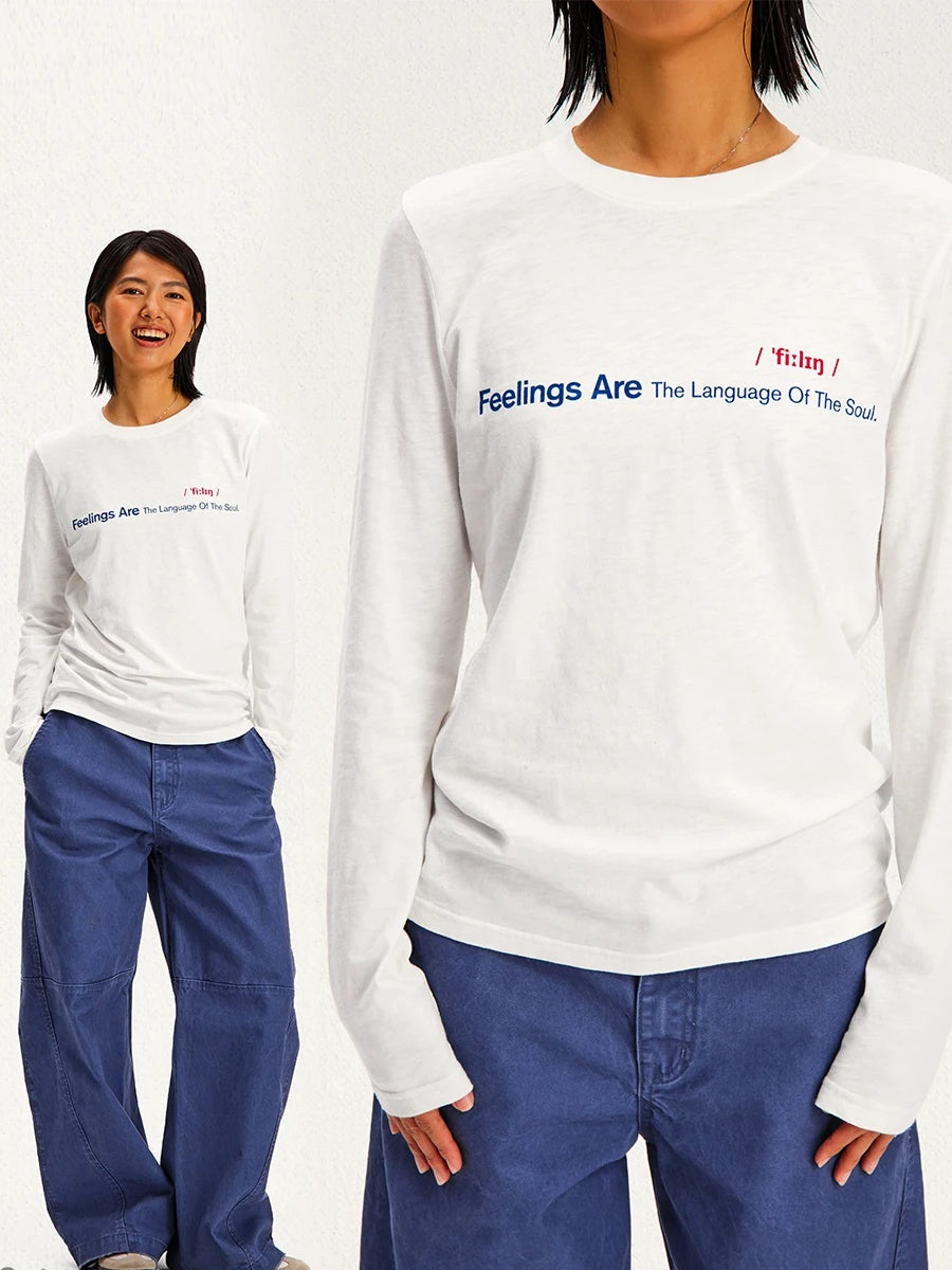 Feelings Slogan Print Slub Cotton Long Sleeve Tee - White front