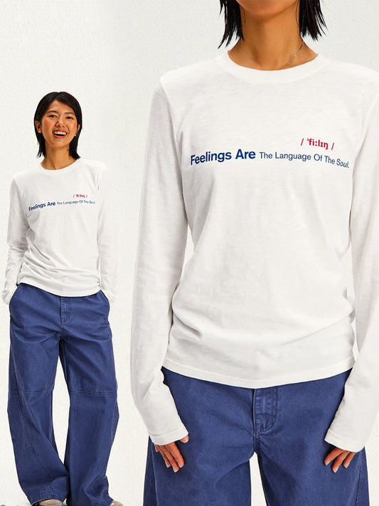 Feelings Slogan Print Slub Cotton Long Sleeve Tee - White front
