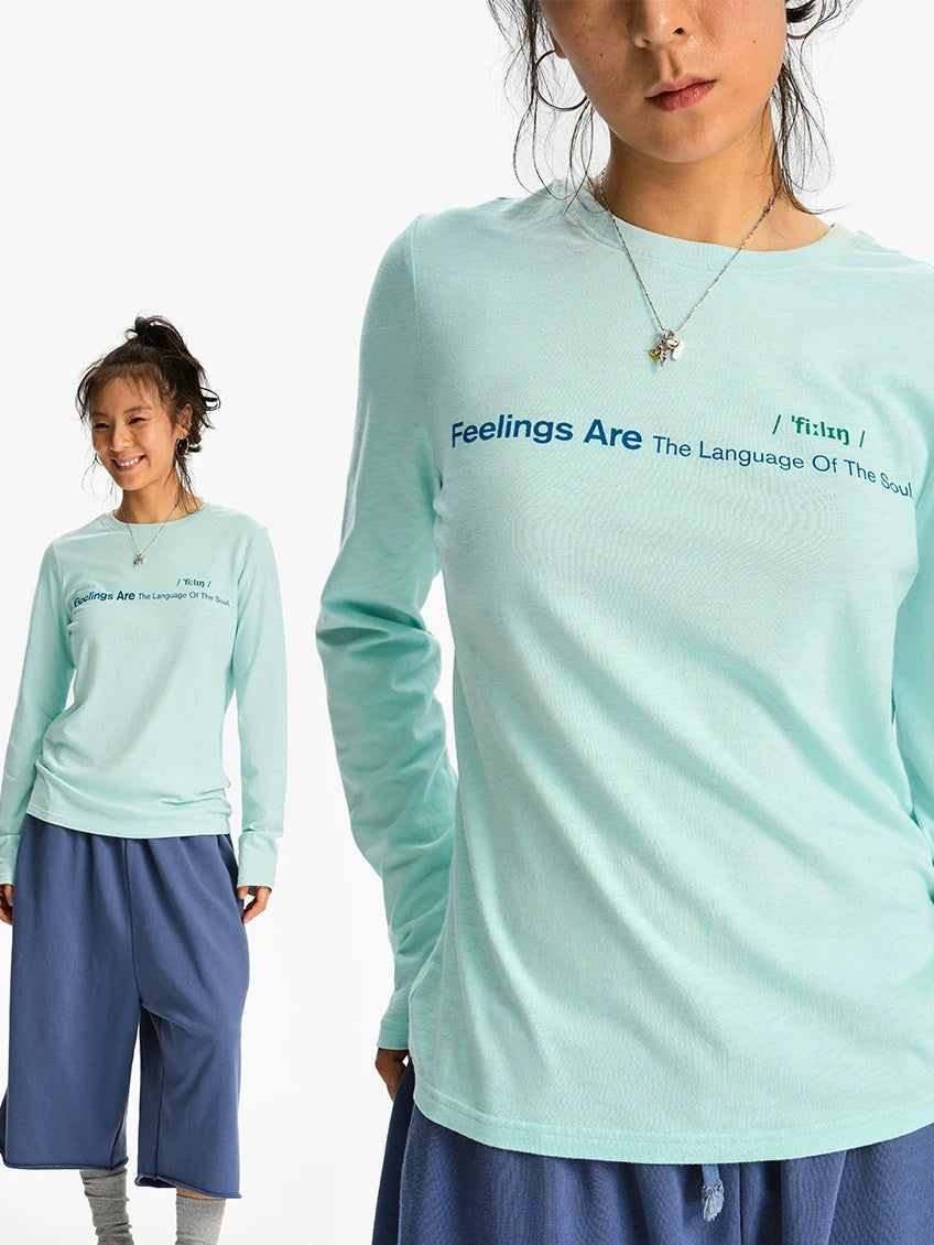 Feelings Slogan Print Slub Cotton Long Sleeve Tee - Ice Mint on model