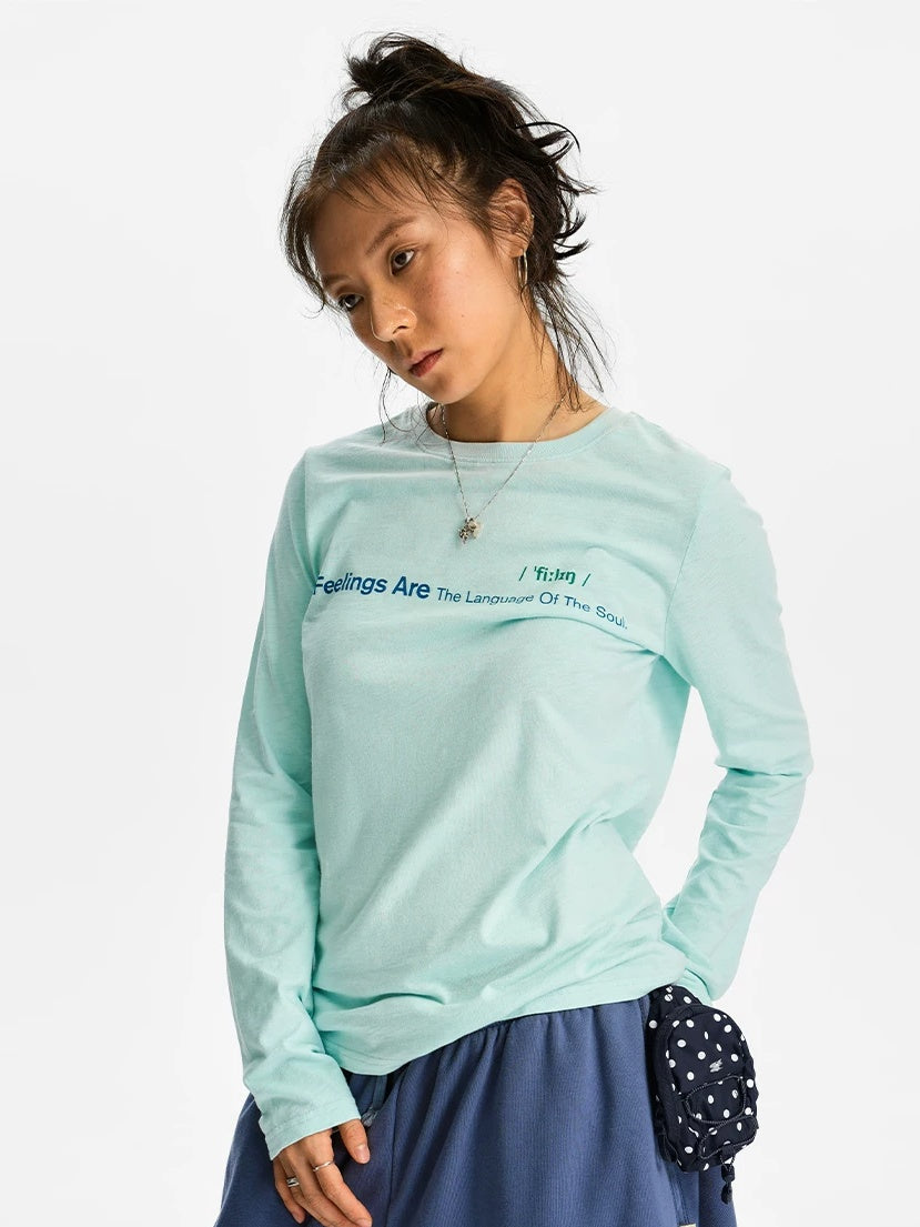 Feelings Slogan Print Slub Cotton Long Sleeve Tee - Ice Mint side