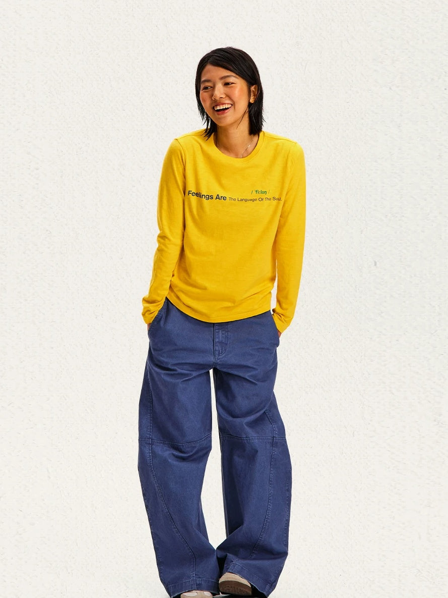 Feelings Slogan Print Slub Cotton Long Sleeve Tee - Yellow full look